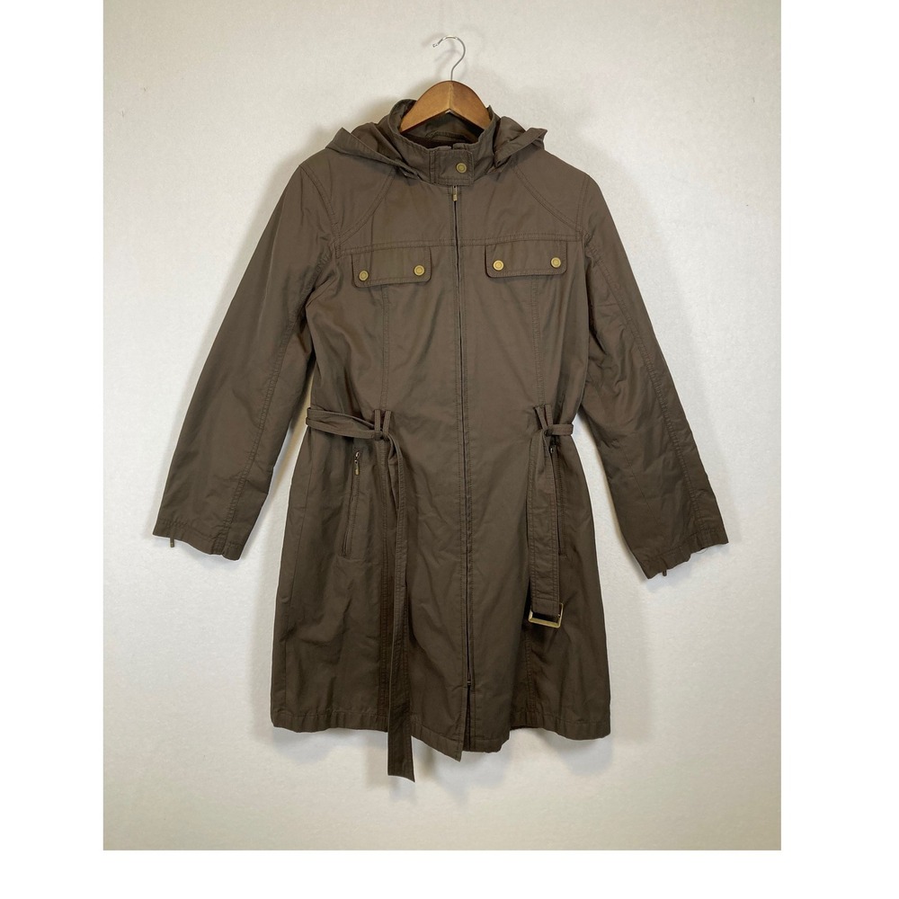 Utility Chic Gallery Women Medium Brown Hooded Belted Quilted Lining Trench Coat